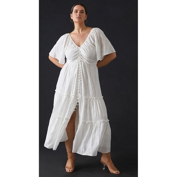 By Anthropologie Dresses & Skirts - By Anthropologie Tiered Maxi Dress Flutter Sleeve Bow Back Embroidered White M